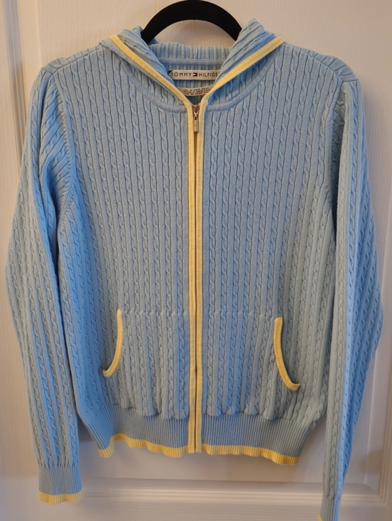 Tommy Hilfiger Jackets & Blazers - Tommy Hilfiger Light Blue Zip-Up Cable Knit Hoodie with Yellow Trim